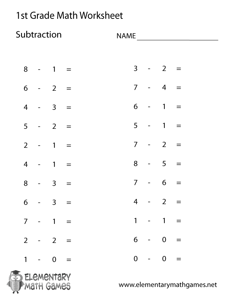 Free Printable Math Worksheets First Grade Subtraction