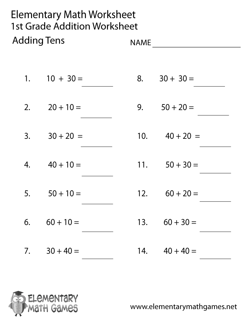 First Grade Adding Tens Worksheet Elementary Math Games 351